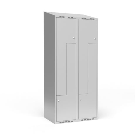 Sonesson Garderobeskab 2x400 mm Skråt tag, 2-delt søjle Lys grå Z-dør m/cylinderlås – Garderobeskabe (billede 1)