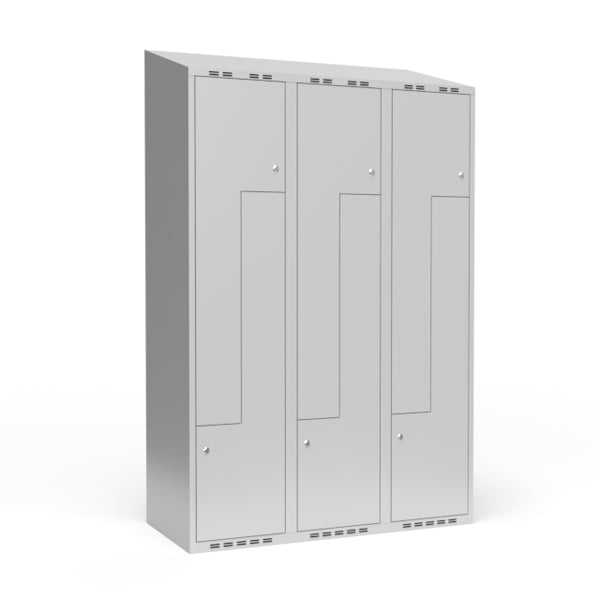 Garderobeskab 3x400 mm Skråt tag, 2-delt søjle Lys grå Z-dør m/cylinderlås – image 1