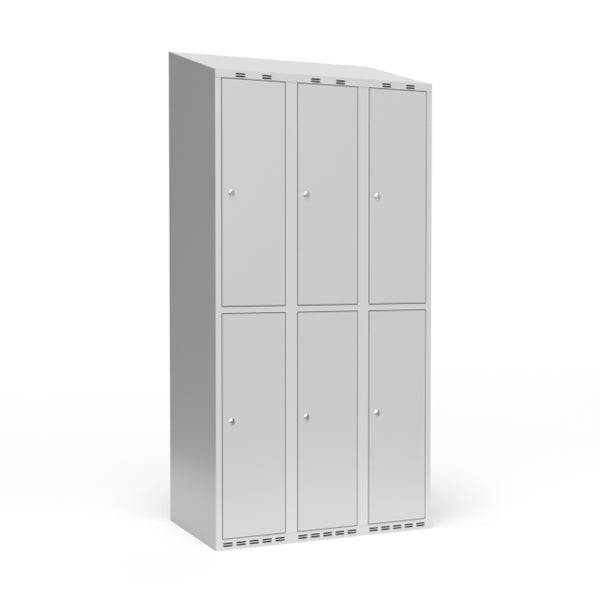 Garderobeskab 3x300 mm m/skråt tag, 2 rum i højden og lys grå dør m/cylinderlås – image 1
