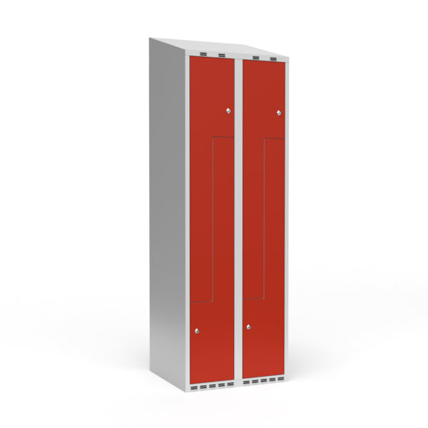 Garderobeskab 2x300 mm Skråt tag 2-delt søjle Z-dør Rød dør Cylinderlås – image 1
