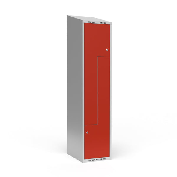 Garderobeskab 1x400 mm Skråt tag 2-delt søjle Z-dør Rød dør Cylinderlås – image 1