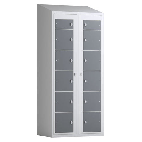 Tøjudleveringsskab 2x6 rum med skråt tag og antracit døre med greb f/hængelås – image 1