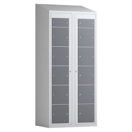 Tøjudleveringsskab 2x6 rum med skråt tag og antracit døre med cylinderlås – image 1