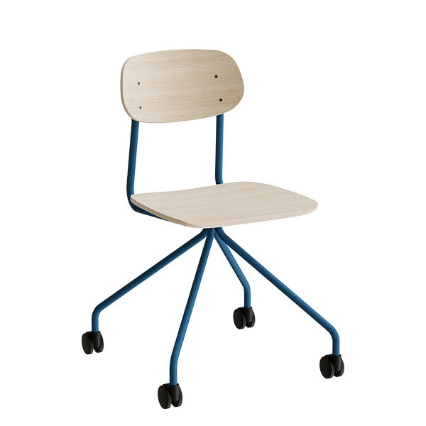 Stol Atlas 2112 på hjul, hvidpigmenteret egelaminat, blåt stel