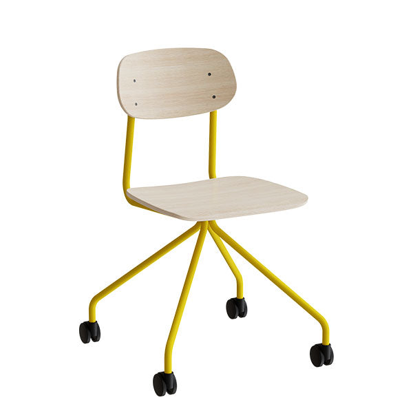 Stol Atlas 2112 på hjul, hvidpigmenteret egelaminat, gult stel