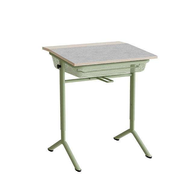 Tranås Skolmöbler Elevbord Atlas 1128, 650x550 mm, lys grå linoleum, grønt understel – Elevborde