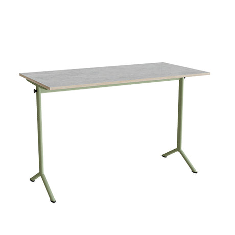 Tranås Skolmöbler Bord Atlas 1130, 1400x700 mm, lys grå linoleum, grønt stativ – Elevborde