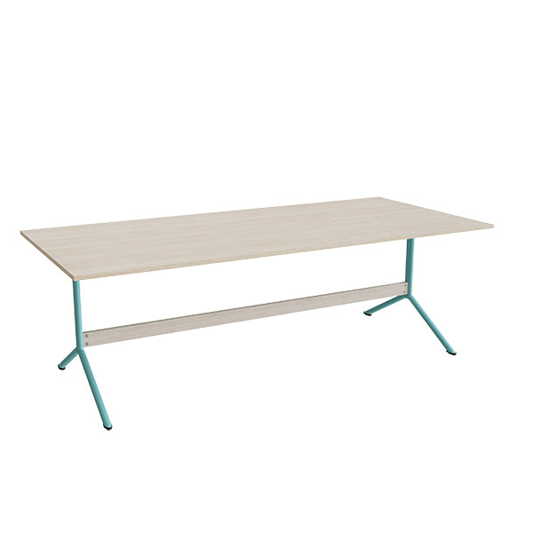 Tranås Skolmöbler Bord Atlas 1134, 2200x1000mm, højde 720, eg højtrykslaminat, turkist stel – Caféborde