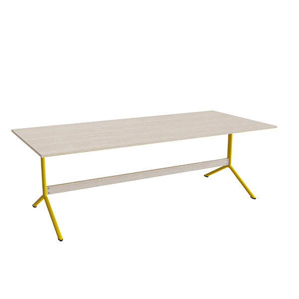Tranås Skolmöbler Bord Atlas 1134, 2200x1000mm, højde 720, eg højtrykslaminat, gult stel – Caféborde