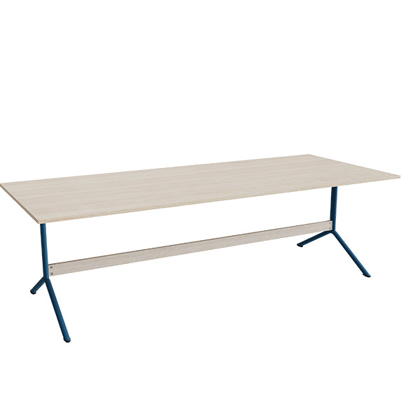 Tranås Skolmöbler Bord Atlas 1134, 2400x1000mm, højde 720, eg højtrykslaminat, blåt stel – Caféborde