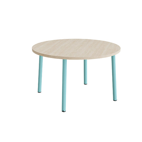 Bord Add 590, Ø1200 mm, højde 720 mm, hvidpigmenteret eg laminat på turkis stel