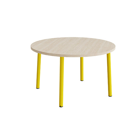 Bord Add 590, Ø1200 mm, højde 720 mm, hvidpigmenteret eg laminat på gult stel