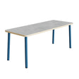 Tranås Skolmöbler Bord Add 590, 1400x700 mm højde 900 mm med lys grå linoleum, blåt stel – Caféborde