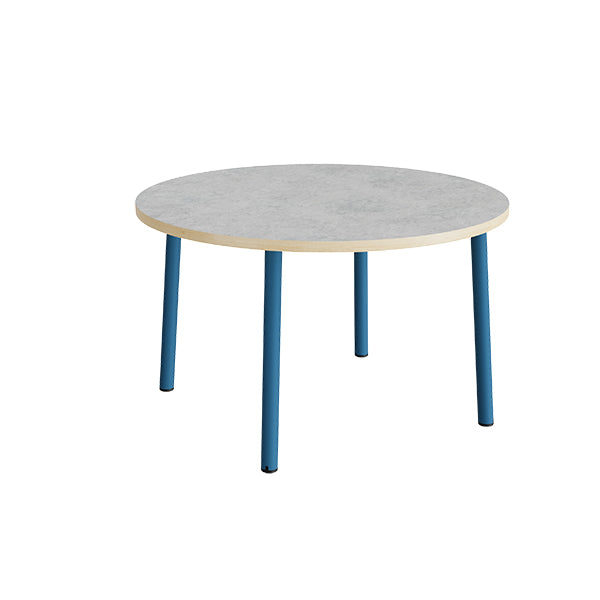 Bord Add 590, Ø1200 mm, højde 720 mm, lys grå linoleum på blåt stel