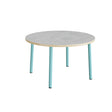 Bord Add 590, Ø1200 mm, højde 720 mm, lys grå linoleum på turkis stel