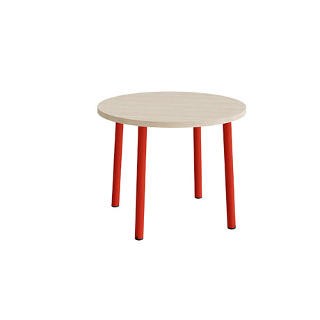 Bord Add 590, Ø900 mm, højde 720 mm, lyddæmpende hvidpigmenteret eg laminat på rødt stel