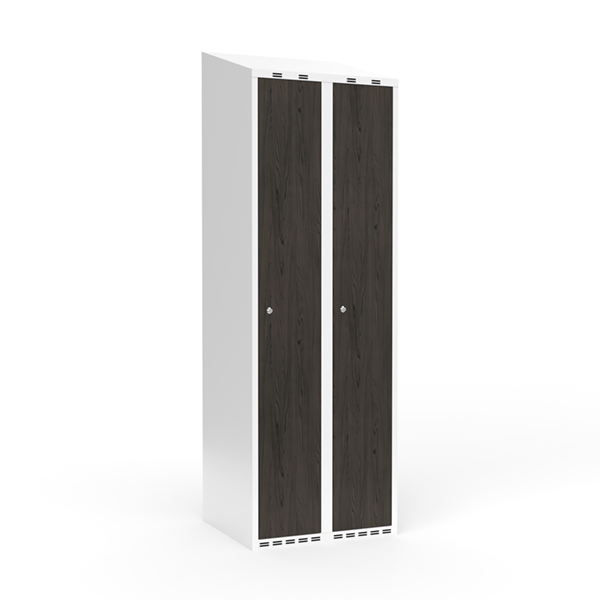 Sonesson Garderobeskab 2x300 mm Skråt tag Hel søjle Laminat dør Nocturne wood Cylinderlås – Garderobeskabe