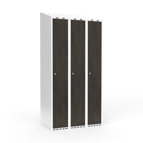 Sonesson Garderobeskab 3x300 mm Skråt tag Hel søjle Laminat dør Nocturne wood Cylinderlås – Garderobeskabe