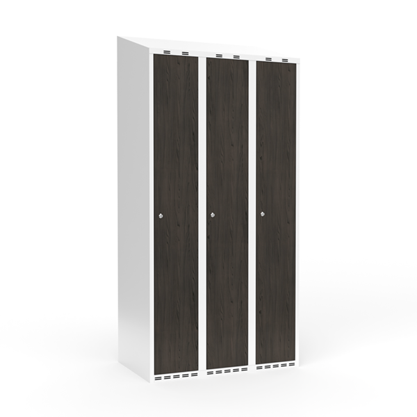 Sonesson Garderobeskab 3x300 mm Skråt tag Hel søjle Laminat dør Nocturne wood Cylinderlås – Garderobeskabe