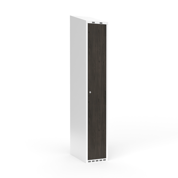 Sonesson Garderobeskab 1x300 mm Skråt tag Hel søjle Laminat dør Nocturne wood Cylinderlås – Garderobeskabe