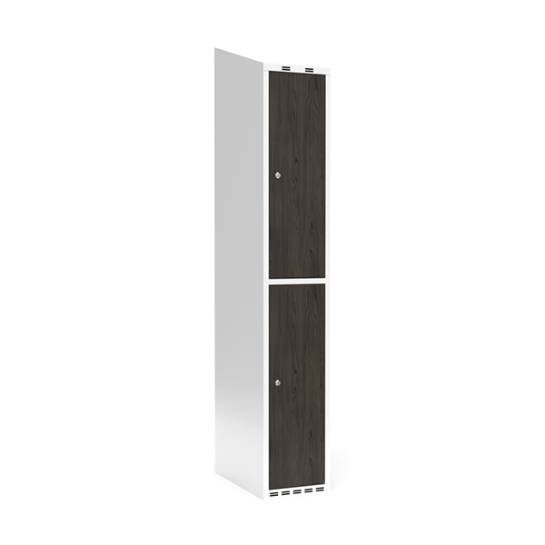 Sonesson Garderobeskab 1x300 mm Skråt tag 2-delt søjle Laminat dør Nocturne wood Cylinderlås – Garderobeskabe