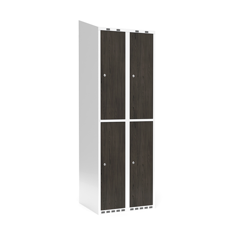 Sonesson Garderobeskab 2x300 mm Skråt tag 2-delt søjle Laminat dør Nocturne wood Cylinderlås – Garderobeskabe