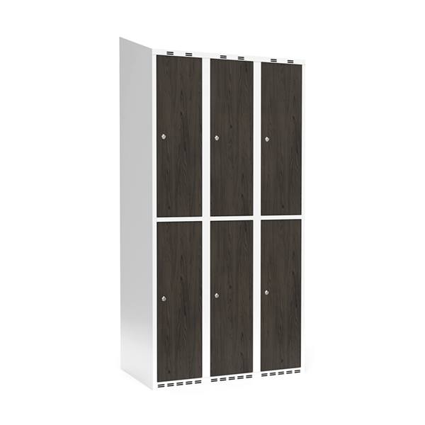 Sonesson Garderobeskab 3x300 mm Skråt tag 2-delt søjle Laminat dør Nocturne wood Cylinderlås – Garderobeskabe