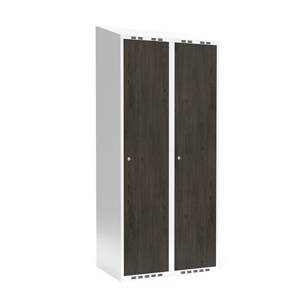 Sonesson Garderobeskab 2x400 mm Skråt tag Hel søjle Laminat dør Nocturne wood Cylinderlås – Garderobeskabe