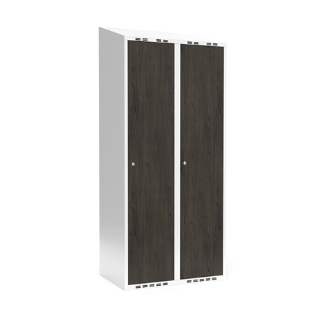 Sonesson Garderobeskab 2x400 mm Skråt tag Hel søjle Laminat dør Nocturne wood Cylinderlås – Garderobeskabe