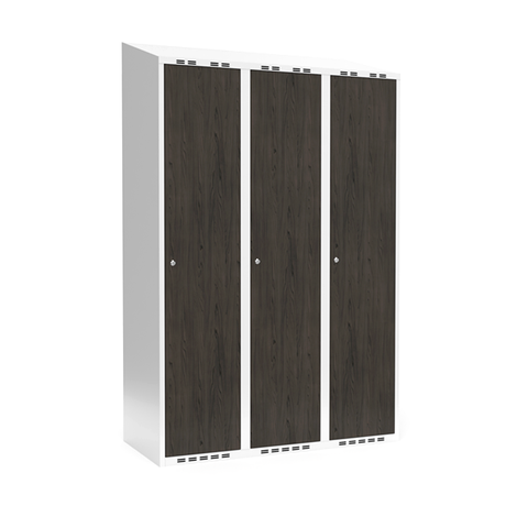Sonesson Garderobeskab 3x400 mm Skråt tag Hel søjle Laminat dør Nocturne wood Cylinderlås – Garderobeskabe