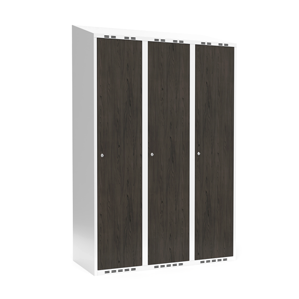 Sonesson Garderobeskab 3x400 mm Skråt tag Hel søjle Laminat dør Nocturne wood Cylinderlås – Garderobeskabe