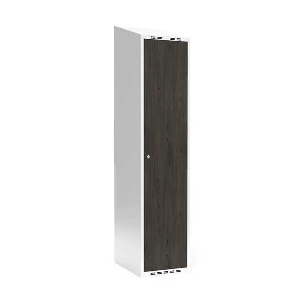 Sonesson Garderobeskab 1x400 mm Skråt tag Hel søjle Laminat dør Nocturne wood Cylinderlås – Garderobeskabe