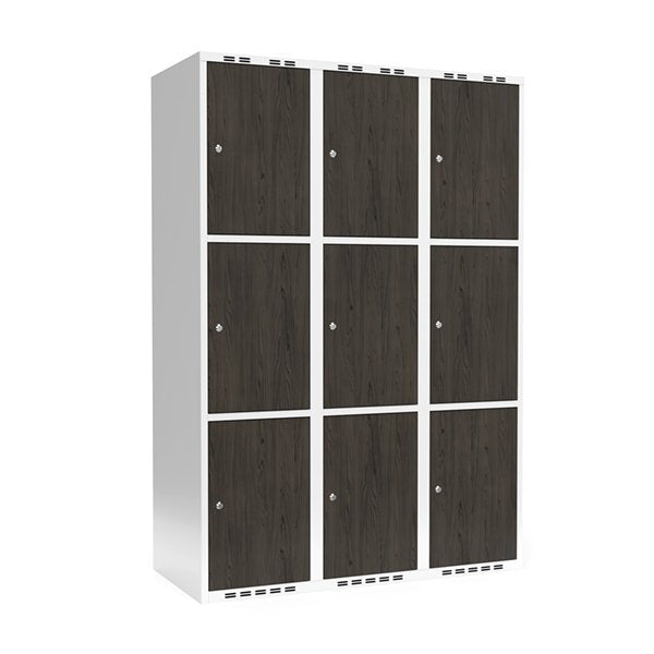 Sonesson Garderobeskab 3x400 mm Lige tag 3-delt søjle Laminat dør Nocturne wood Cylinderlås – Garderobeskabe