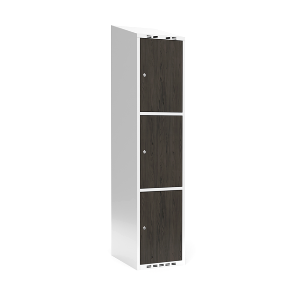 Sonesson Garderobeskab 1x400 mm Skråt tag 3-delt søjle Laminat dør Nocturne wood Cylinderlås – Garderobeskabe