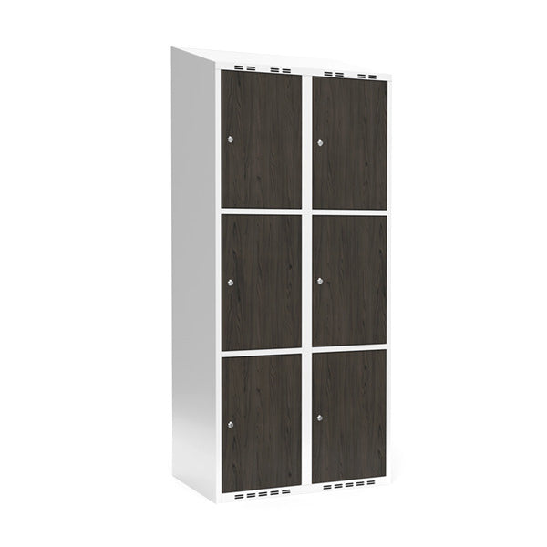 Sonesson Garderobeskab 2x400 mm Skråt tag 3-delt søjle Laminat dør Nocturne wood Cylinderlås – Garderobeskabe