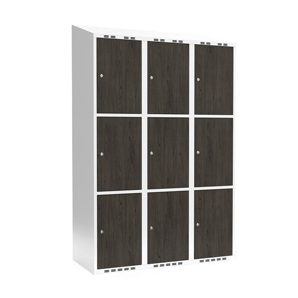 Sonesson Garderobeskab 3x400 mm Skråt tag 3-delt søjle Laminat dør Nocturne wood Cylinderlås – Garderobeskabe