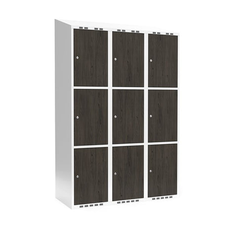 Sonesson Garderobeskab 3x400 mm Skråt tag 3-delt søjle Laminat dør Nocturne wood Cylinderlås – Garderobeskabe