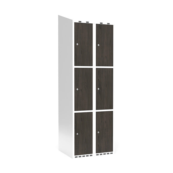 Sonesson Garderobeskab 2x300 mm Skråt tag 3-delt søjle Laminat dør Nocturne wood Cylinderlås – Garderobeskabe