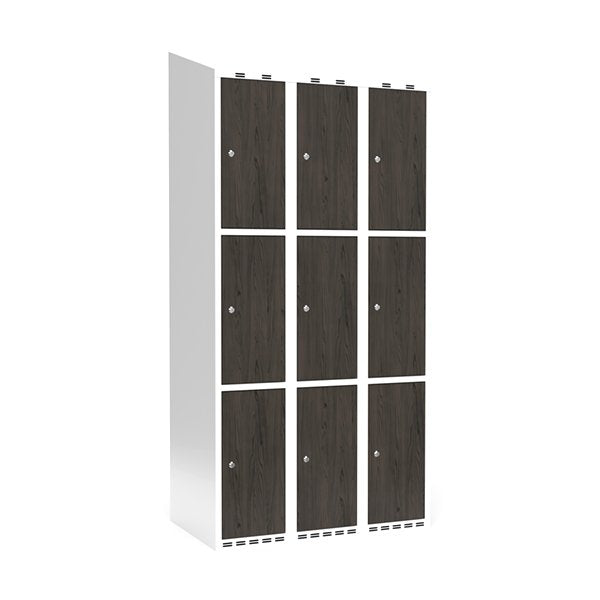 Sonesson Garderobeskab 3x300 mm Skråt tag 3-delt søjle Laminat dør Nocturne wood Cylinderlås – Garderobeskabe