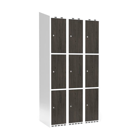 Sonesson Garderobeskab 3x300 mm Skråt tag 3-delt søjle Laminat dør Nocturne wood Cylinderlås – Garderobeskabe