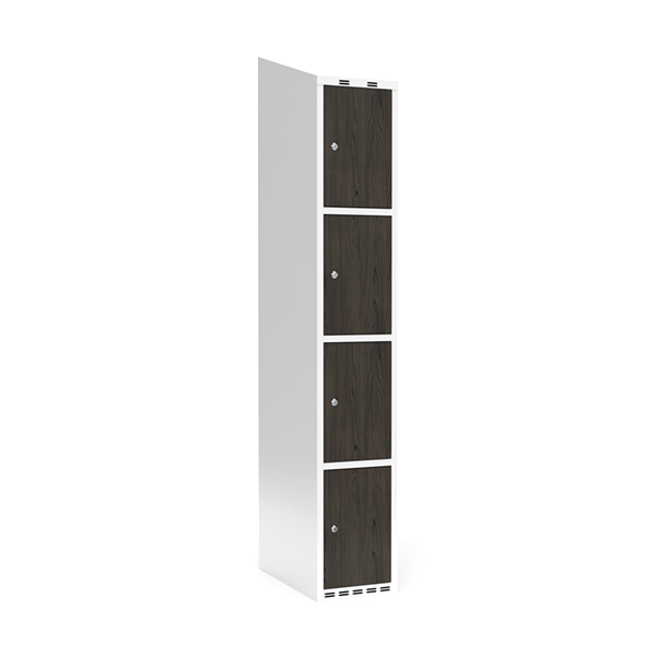 Sonesson Garderobeskab 1x300 mm Skråt tag 4-delt søjle Laminat dør Nocturne wood Cylinderlås – Garderobeskabe