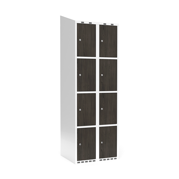 Sonesson Garderobeskab 2x300 mm Skråt tag 4-delt søjle Laminat dør Nocturne wood Cylinderlås – Garderobeskabe