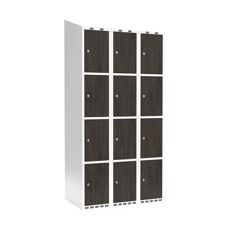Sonesson Garderobeskab 3x300 mm Skråt tag 4-delt søjle Laminat dør Nocturne wood Cylinderlås – Garderobeskabe