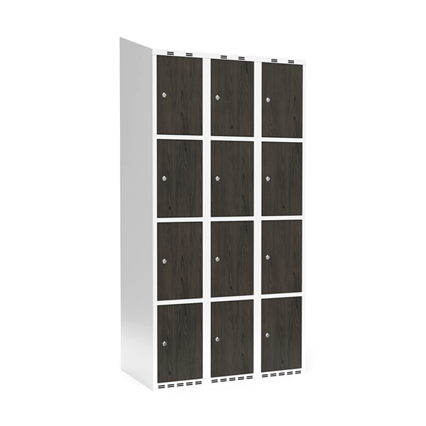 Sonesson Garderobeskab 3x300 mm Skråt tag 4-delt søjle Laminat dør Nocturne wood Cylinderlås – Garderobeskabe