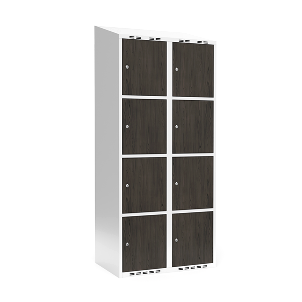 Sonesson Garderobeskab 2x400 mm Skråt tag 4-delt søjle Laminat dør Nocturne wood Cylinderlås – Garderobeskabe