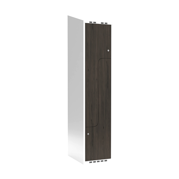 Sonesson Garderobeskab 1x400 mm Skråt tag 2-delt søjle Z-dør Laminat dør Nocturne wood Cylinderlås – Garderobeskabe