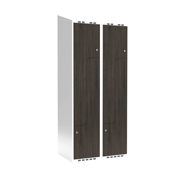 Sonesson Garderobeskab 2x400 mm Skråt tag 2-delt søjle Z-dør Laminat dør Nocturne wood Cylinderlås – Garderobeskabe