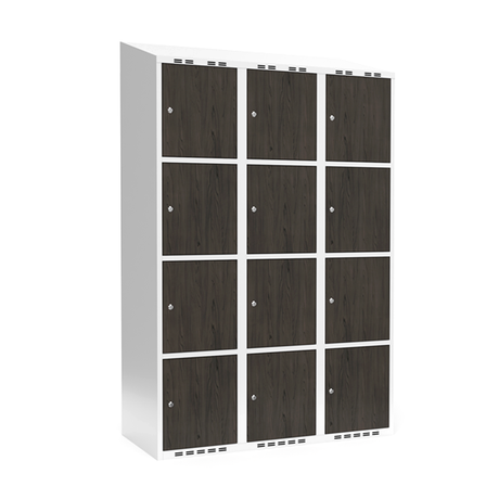 Sonesson Garderobeskab 3x400 mm Skråt tag 4-delt søjle Laminat dør Nocturne wood Cylinderlås – Garderobeskabe