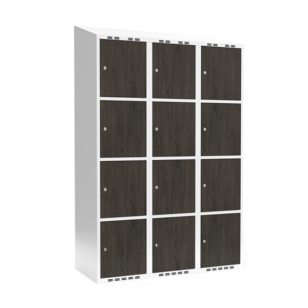 Sonesson Garderobeskab 3x400 mm Skråt tag 4-delt søjle Laminat dør Nocturne wood Cylinderlås – Garderobeskabe