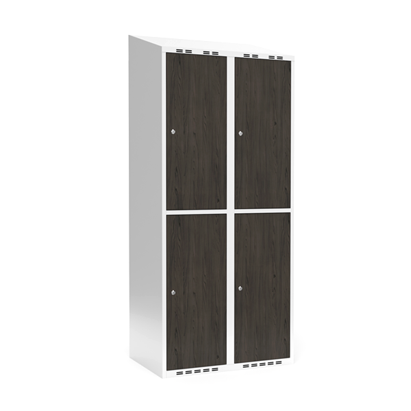 Sonesson Garderobeskab 2x400 mm Skråt tag 2-delt søjle Laminat dør Nocturne wood Cylinderlås – Garderobeskabe